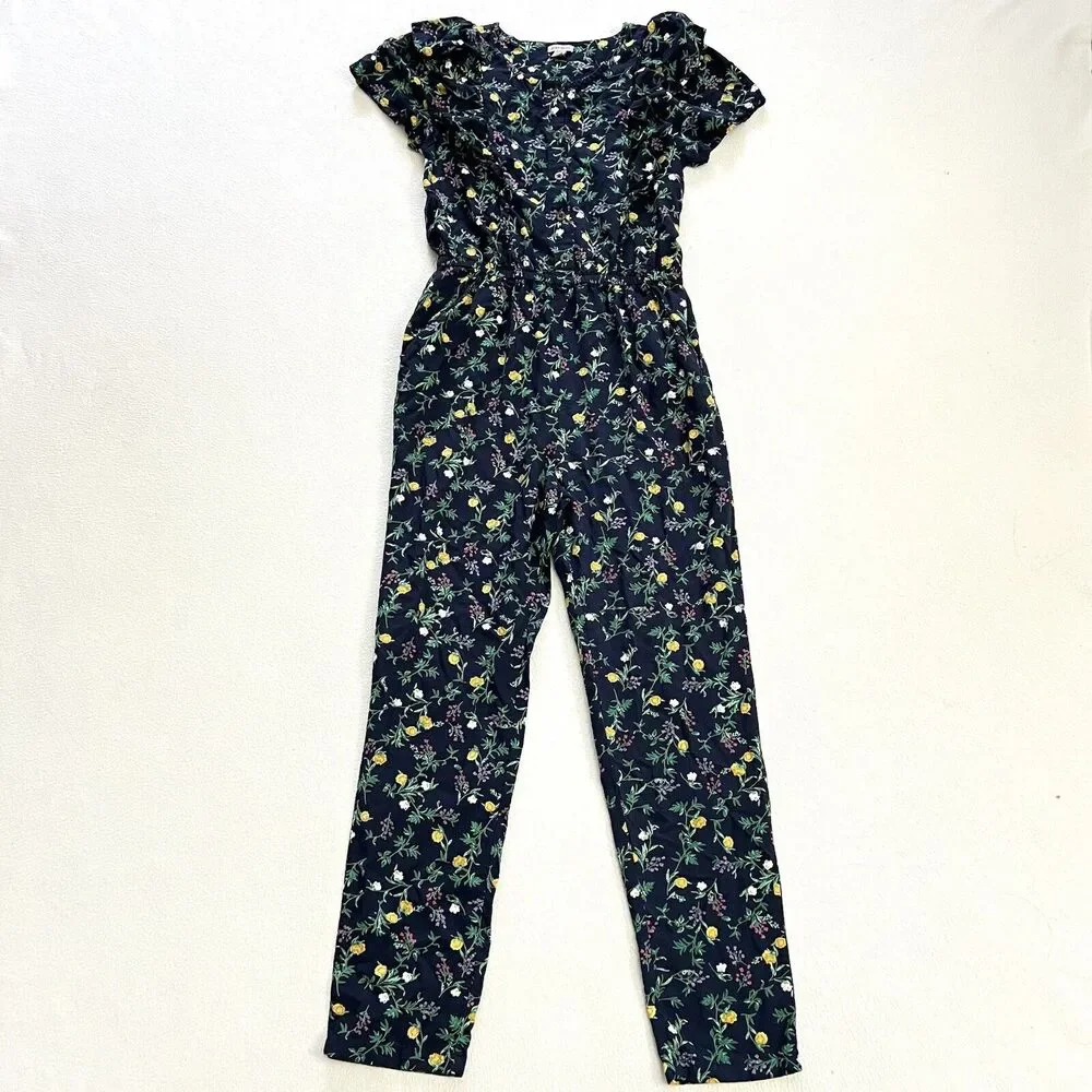 Lucky Brand Girl Navy Floral Print Flutter 1 Piece Romper Jumpsuit L 12 / 14